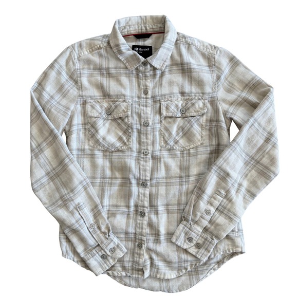Marmot Tops - Marmot Womens XS Cream Gray Plaid Flannel Button Down Shirt Pockets Excellent